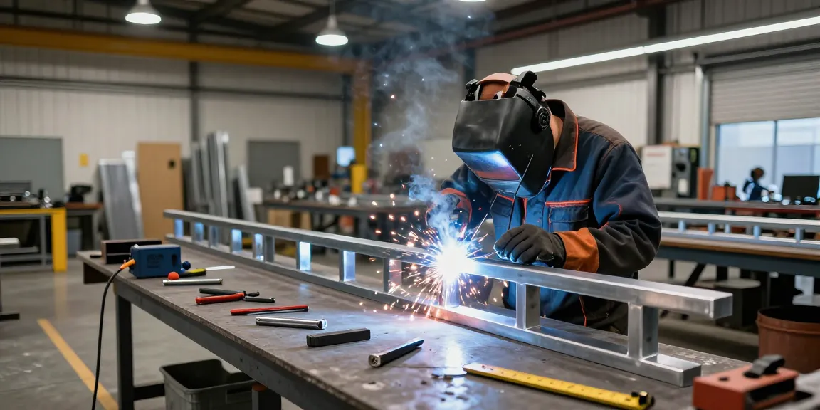 Metal fabrication north vancouver expert welding custom steel railing in modern workshop.