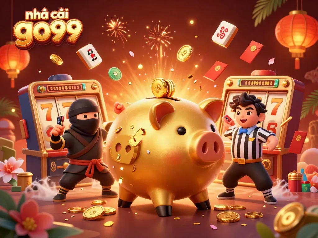 Engage with the vibrant scene featuring nhà cái go99's golden piggy bank sumo and wallet ninja in a dazzling casino atmosphere.