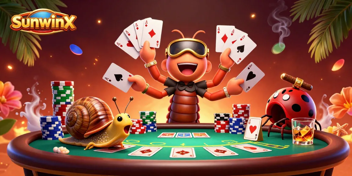 Experience thrilling gameplay at sunwinx with cartoon dealer and high-roller snails amidst colorful casino elements.