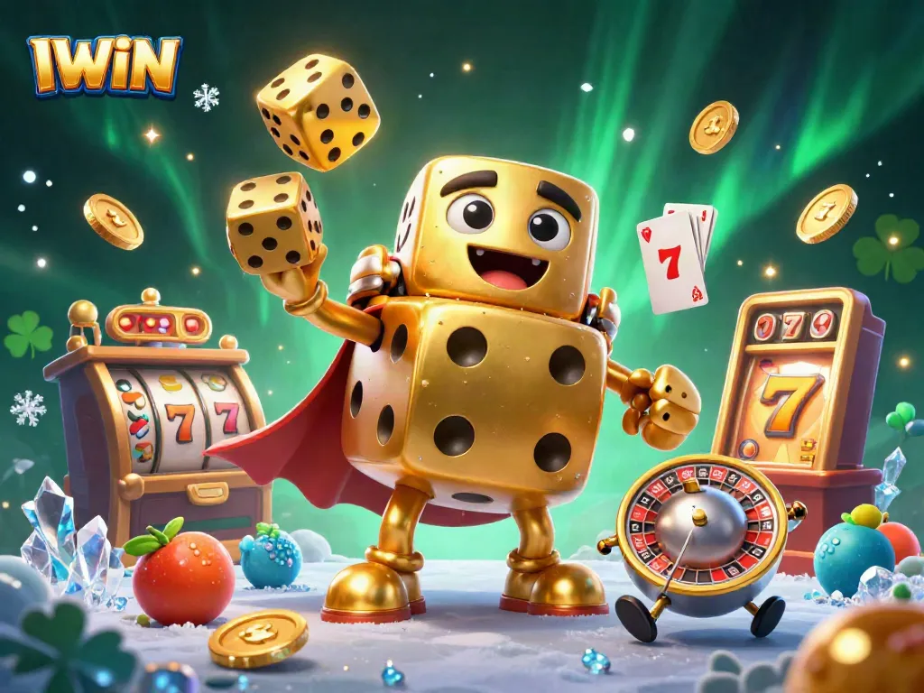 IWIN showcases a lively casino scene with a golden dice golem and dynamic slot machine elements.