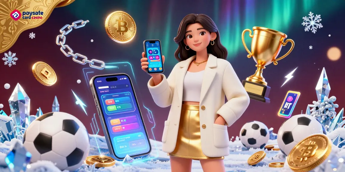 Sichere Einzahlung im Paysafe Card Casino mit einer freundlichen asiatischen Frau, die eine Wett-App zwischen lebhaften Spielelementen zeigt.