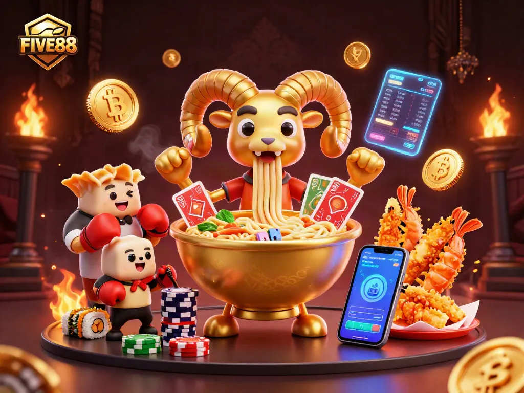 Engage with FIVE88's exciting casino atmosphere featuring vibrant characters and crypto elements.