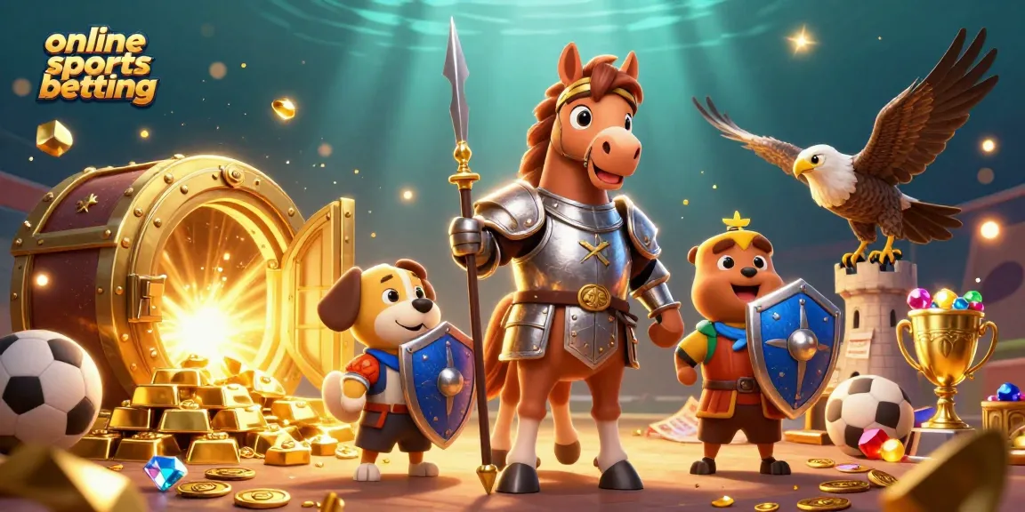 Engage with online sports betting through a vibrant 3D illustration showing a knight horse and a puppy amidst sports elements.