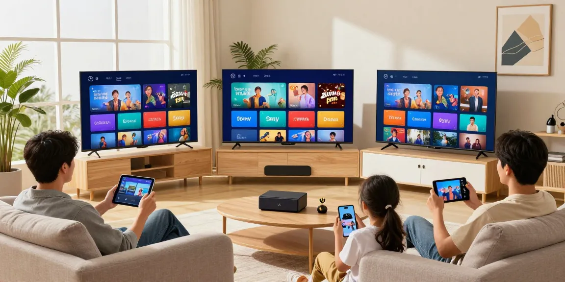 Family enjoying IPTV multi screens in a stylish living room.