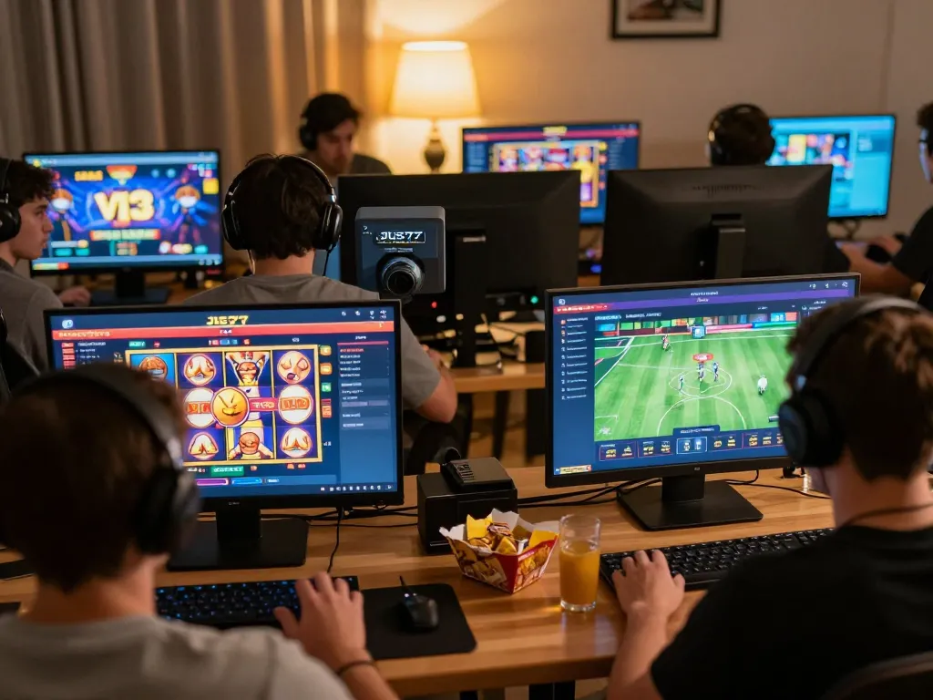 Exciting online gaming moments at Jus77 as players engage with vibrant slot games and sports betting.
