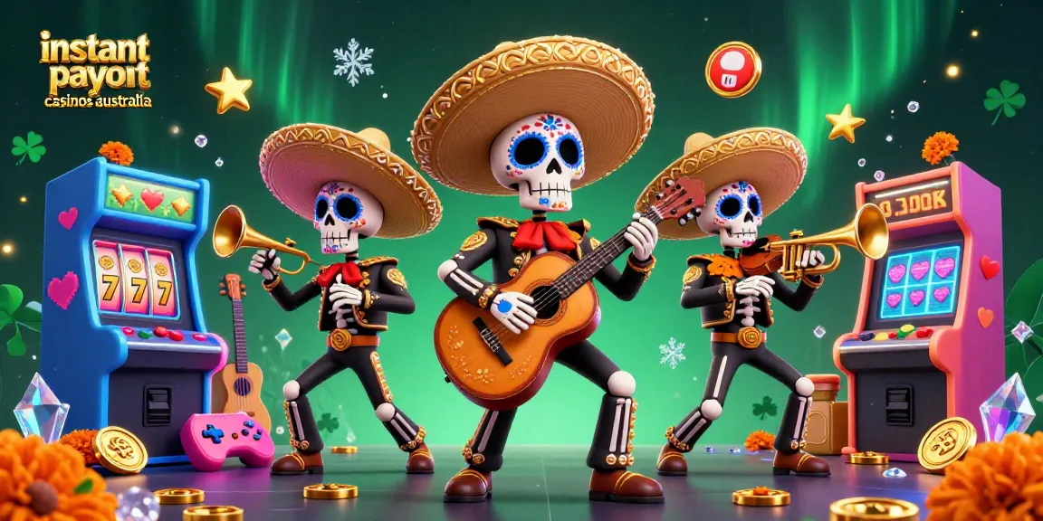 Explore instant payout casinos Australia with a vibrant mariachi band amid dazzling casino elements.