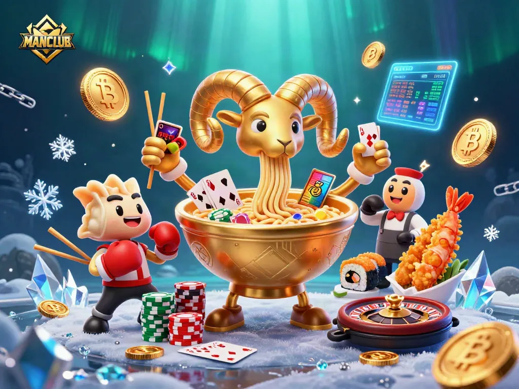 Join the exciting MANCLUB casino scene with a giant golden ramen bowl dealer surrounded by vibrant gaming elements.