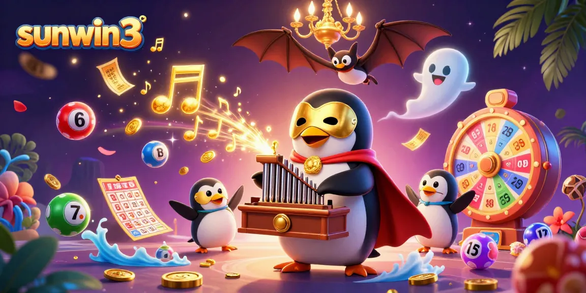 Experience thrilling gaming at sunwin3 with a vibrant 3D illustration of a penguin playing for exciting prizes.
