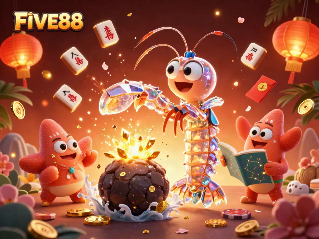 Experience the thrill of FIVE88 with galactic samurai shrimp, golden coins, and vibrant casino elements.