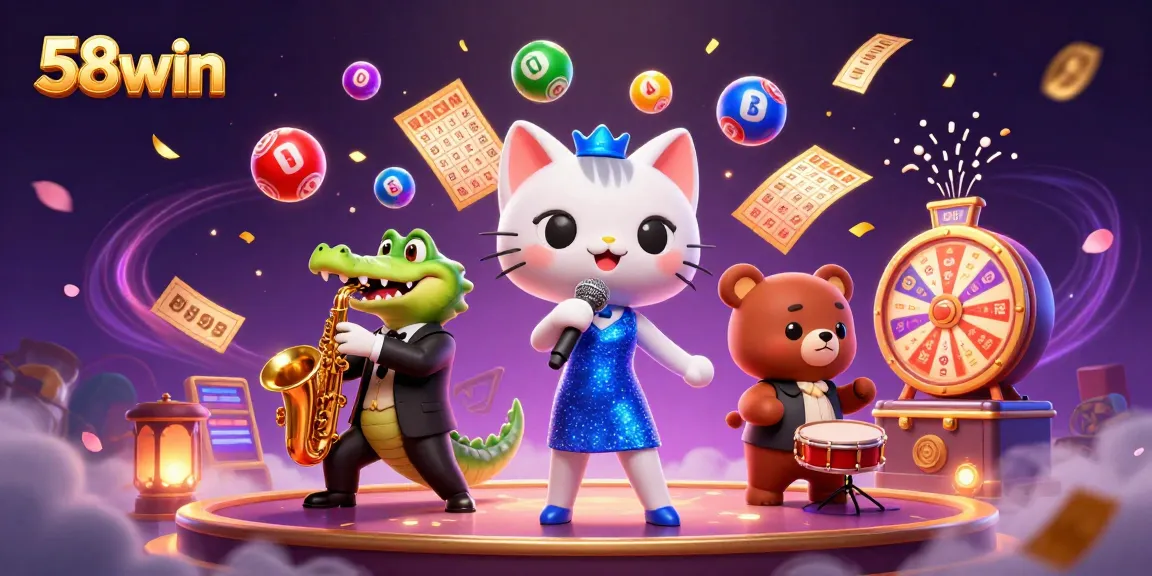 Experience the vibrant world of 58win with animated characters and dynamic gaming elements creating a festive casino atmosphere.
