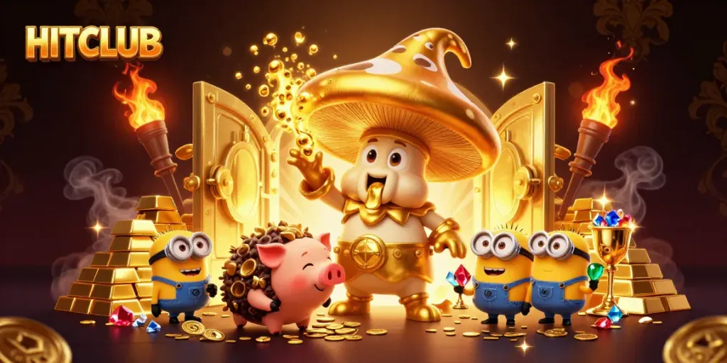 Experience the thrilling magic of HITCLUB with golden elements and treasure in a dynamic casino scene.