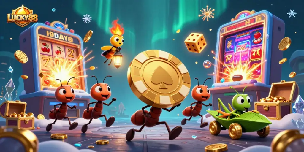 Experience thrilling wins with LUCKY88 as ants race for a giant poker chip amid jackpot surprises.