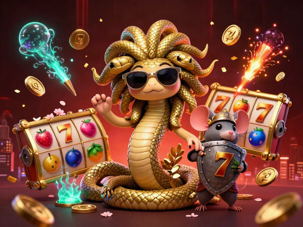 IWIN casino scene featuring a friendly Medusa and warrior mouse celebrating jackpot wins with floating slot reels.