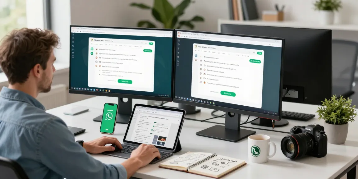 Using WhatsApp網頁版 on dual monitors in a modern tech workspace.