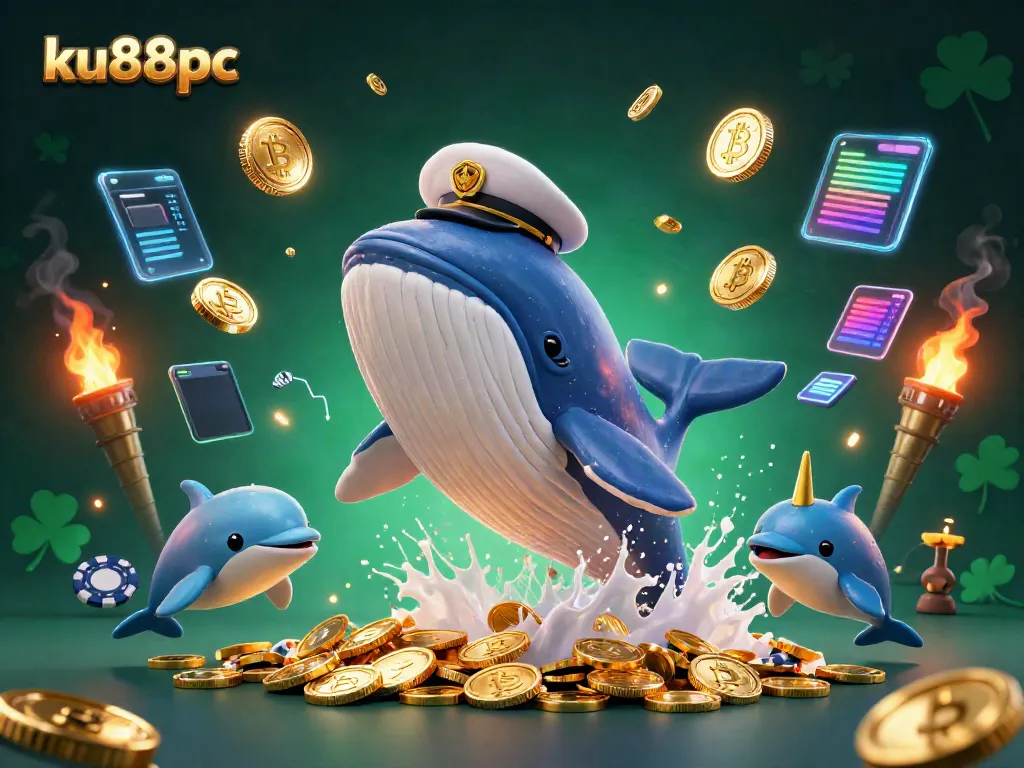 Experience thrilling moments with ku88pc as a whale breaches in a sea of coins, showcasing vibrant casino elements.