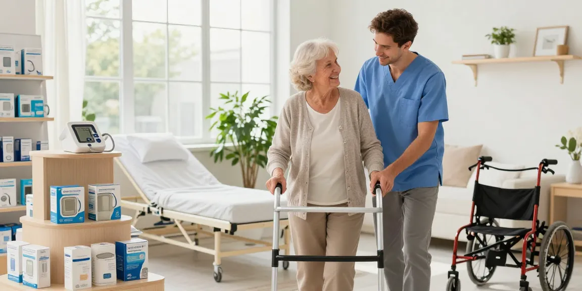 Caregiver at a home health store demonstrating a walker for an elderly woman, showcasing supportive and accessible health solutions.