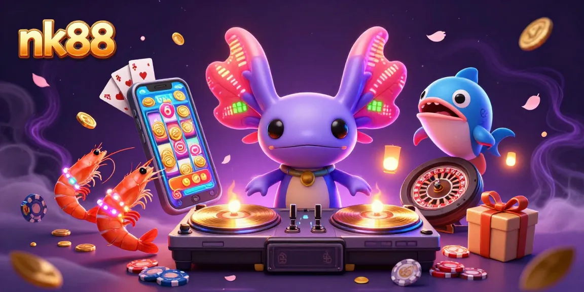 Experience nk88 with a vibrant underwater casino featuring a neon axolotl DJ and lively game elements.