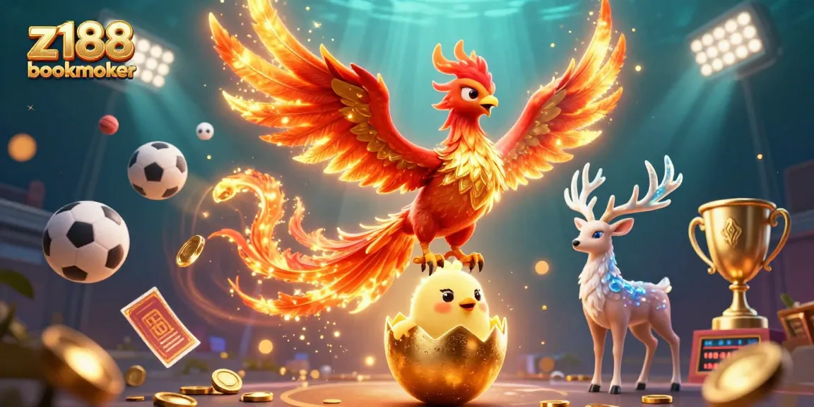 Experience z188 bookmaker with vibrant 3D phoenix winning elements and dynamic sports action.