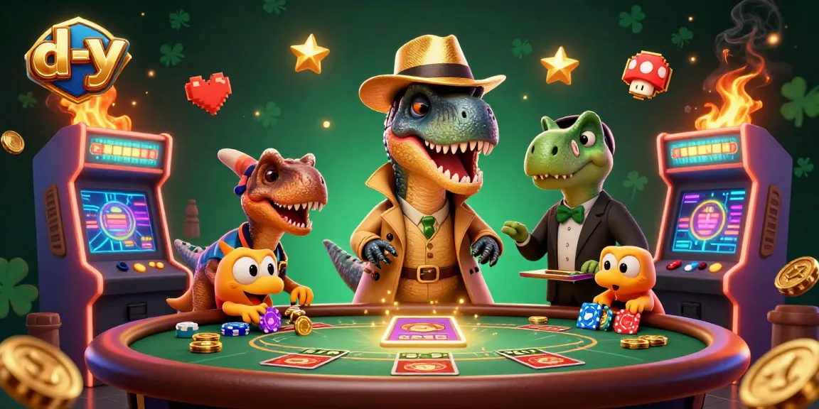 d-y casino illustration with a card-counting velociraptor at a blackjack table, lively gaming elements throughout