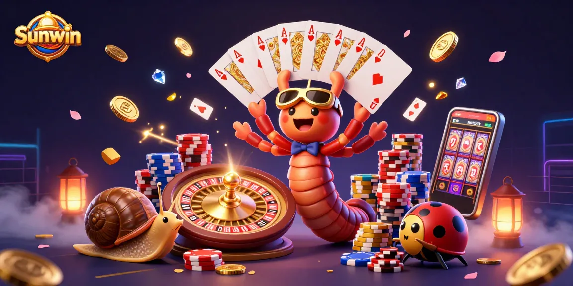 Sunwin introduces an energetic scene with a millipede dealer, snail high-roller, and more, celebrating casino victory.