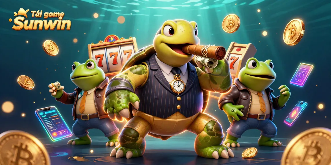Tải game Sunwin with a vibrant casino scene featuring a turtle mobster and frog enforcers.
