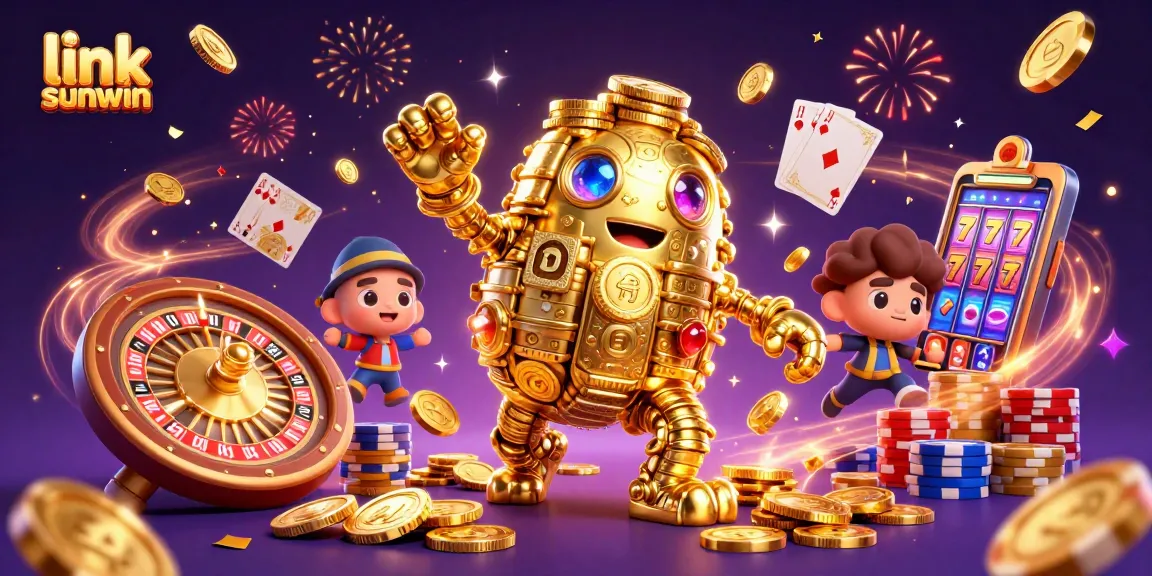 Experience excitement with link sunwin as golden golem embodies the thrill of gaming, surrounded by casino elements.
