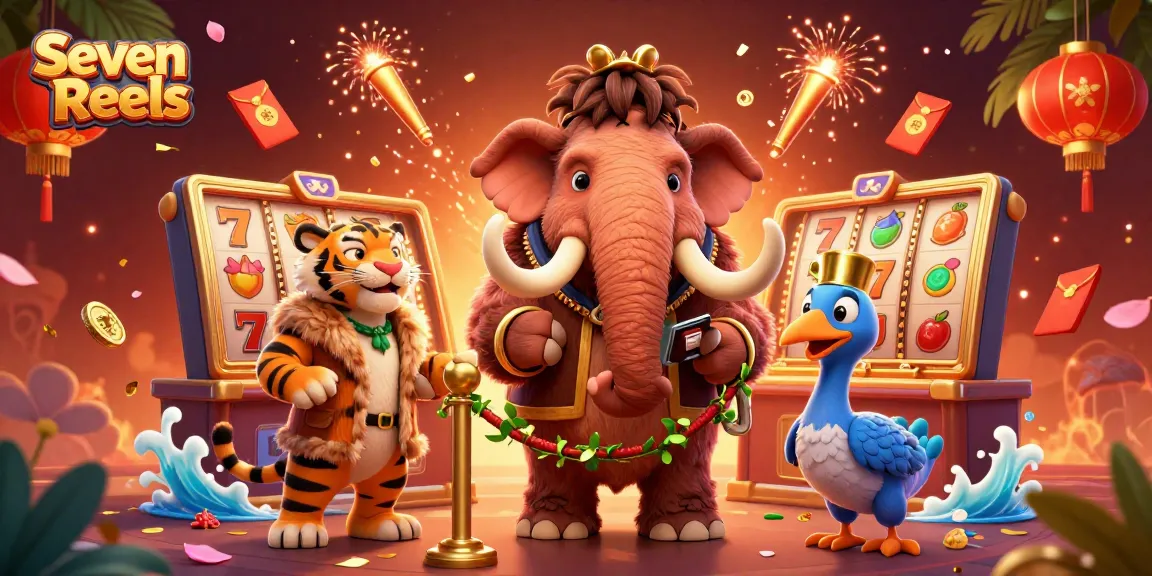 Spin big wins at Seven Reels casino with vibrant 3D illustration of characters and game elements.
