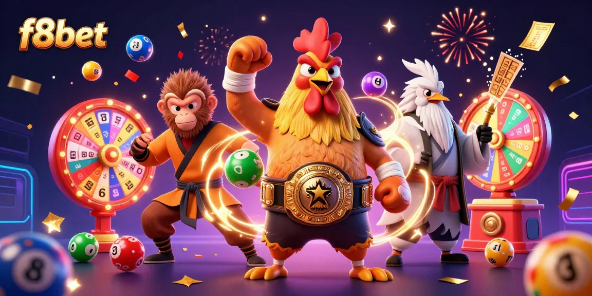 Join the excitement at f8bet with a thrilling Muay Thai rooster and martial artists in a vibrant casino scene.