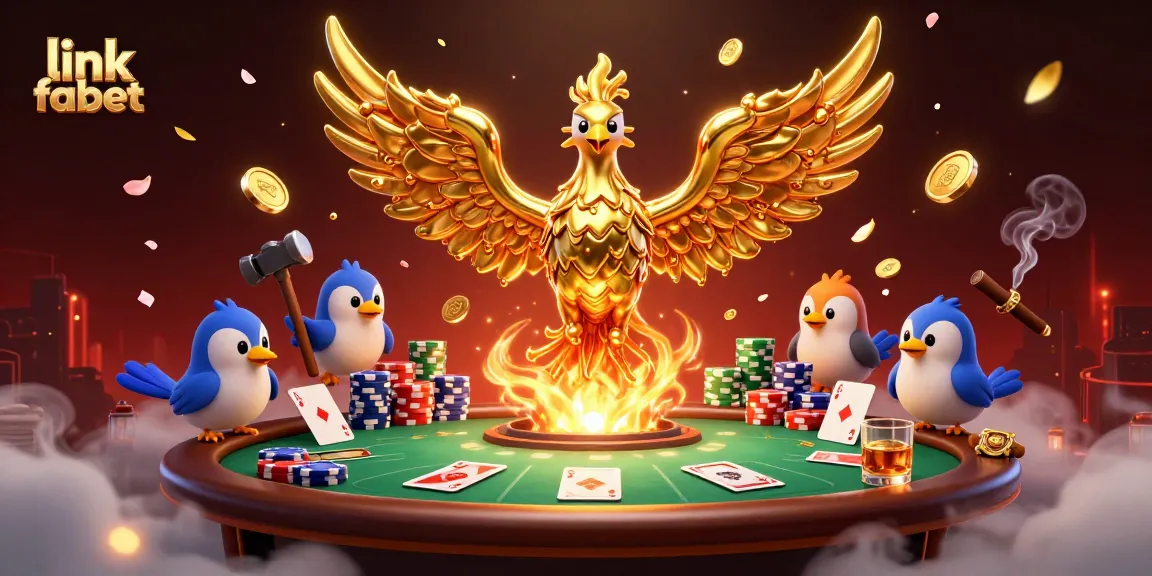 Bet with excitement using link fabet while golden phoenixes soar in a vibrant casino atmosphere.